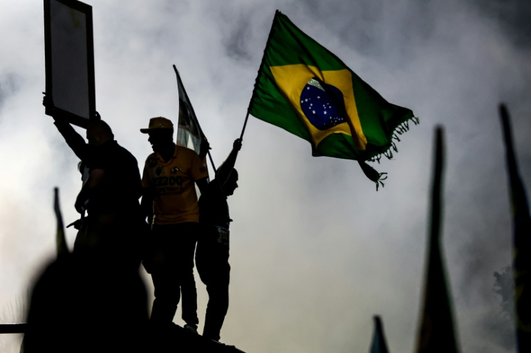 Un partisan du sénateur brésilien de droite et candidat à la présidence, Flavio Bolsonaro, agite un drapeau national lors d'un meeting de campagne à  Rio de Janeiro, le 3 octobre 2026