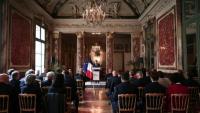 Le garde des Sceaux Gérald Darmanin (C) s'adresse aux procureurs généraux réunis au ministère de la Justice le 8 juin 2026 à Paris 