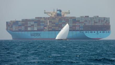 Un porte-conteneur géant de l'armateur Maersk au large de Dubaï, le 4 juin 2022
