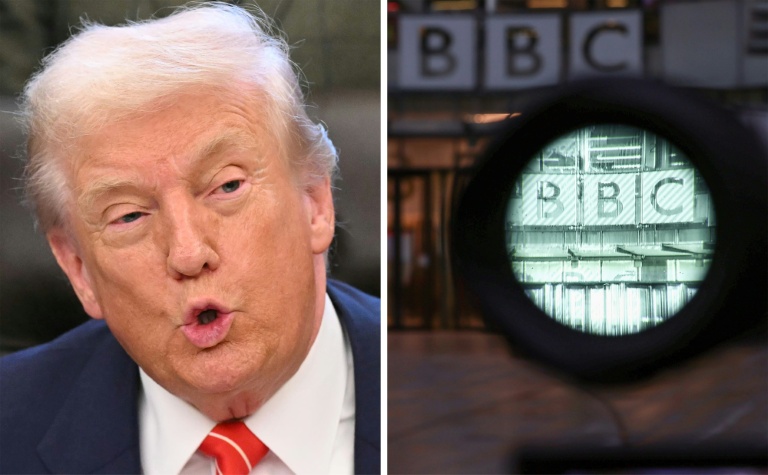 Montage photos du 12 février 2026 montrant le président américain Donald Trump (g) et le logo de la BBC