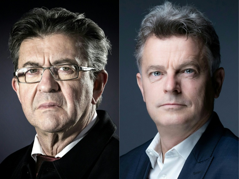 Combinaison d'images créée le 9 avril 2023 du leader de La France insoumise Jean-Luc Mélenchon à gauche et du premier secrétaire du PCF Fabien Roussel à droite