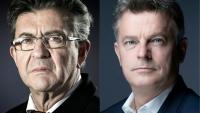 Combinaison d'images créée le 9 avril 2023 du leader de La France insoumise Jean-Luc Mélenchon à gauche et du premier secrétaire du PCF Fabien Roussel à droite