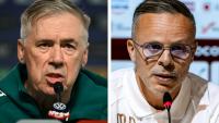Montage des portraits du sélectionneur italien du Brésil Carlo Ancelotti (g) en conférence de presse à Teresopolis (Brésil) le 30 mai 2026 et du sélectionneur du Maroc Mohamed Ouahbi devant la presse à Sale (Angleterre) le 26 mai 2026