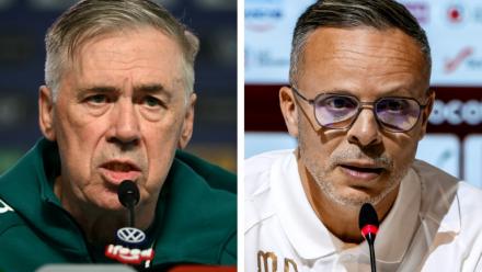 Montage des portraits du sélectionneur italien du Brésil Carlo Ancelotti (g) en conférence de presse à Teresopolis (Brésil) le 30 mai 2026 et du sélectionneur du Maroc Mohamed Ouahbi devant la presse à Sale (Angleterre) le 26 mai 2026