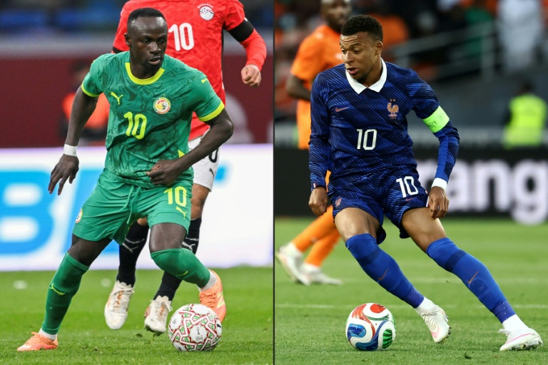 Combinaison d'images créée le 14 juin 2026 avec à gauche l'arrière sénégalais Sadio Mane à Tangers le 14 janvier 2026 et à droite l'attaquant français Kylian Mbappe à Nantes, le 4 juin 2026