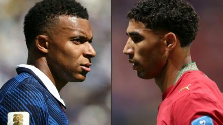 Duel très attendu entre le capitaine des Bleus Kylian Mbappé (à gauche), le 16 juin 2026 à East Rutherford, et son homologue du Maroc Achraf Hakimi, le 24 juin 2026 à Atlanta 