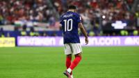 La star de l'équipe de France Kylian Mbappé lors de la demi-finale du Mondial perdue contre l'Espagne, le 14 juillet 2026 à Arlington près de Dallas