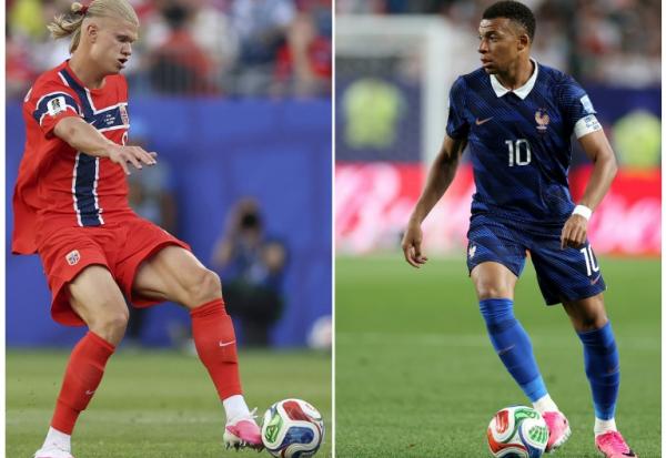 La star de la Norvège Erling Haaland (G) fera face au capitaine des Bleus Kylian Mbappé, lors du Mondial-2026, le 26 juin 2026 à Boston