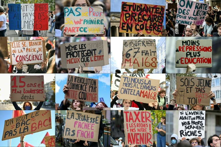 Combinaison de photographies créée le 14 octobre 2026 de pancartes brandies lors des manifestations lycéennes du 6 au 13 octobre 2026 dans plusieurs villes de France