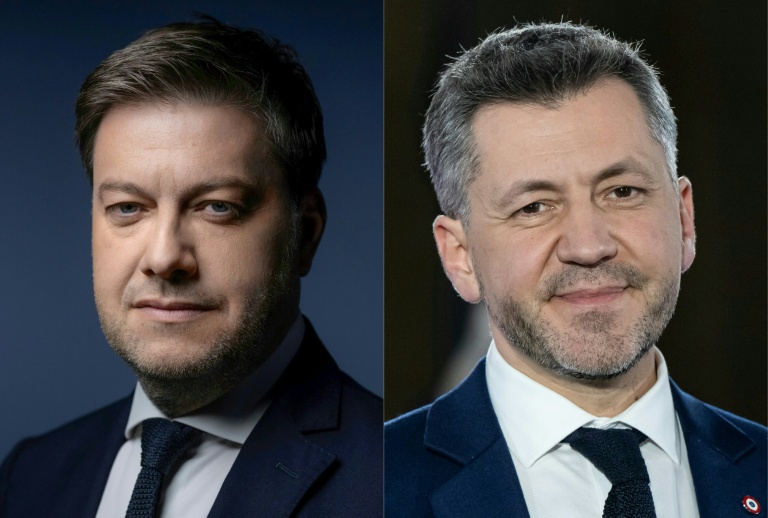 Combinaison d'images réalisée le 15 mars 2026 du maire de gauche sortant de Marseille Benoît Payan, à gauche, et à sa doite le candidat RN Franck Allisio