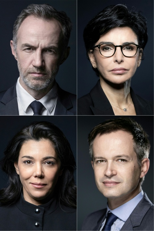 Montage photos du 15 mars 2026 des candidats à la mairie de Paris, Emmanuel Grégoire, Rachida Dati, Sophia Chikirou et Pierre-Yves Bournazel