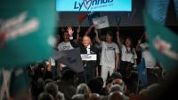 Jean-Michel Aulas tient son premier meeting à Lyon, où il est candidat aux municipales, le 26 septembre 2025