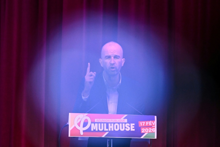 Le coordinateur de LFI Manuel Bompard lors d'un meeting le 17 février 2026 à Mulhouse
