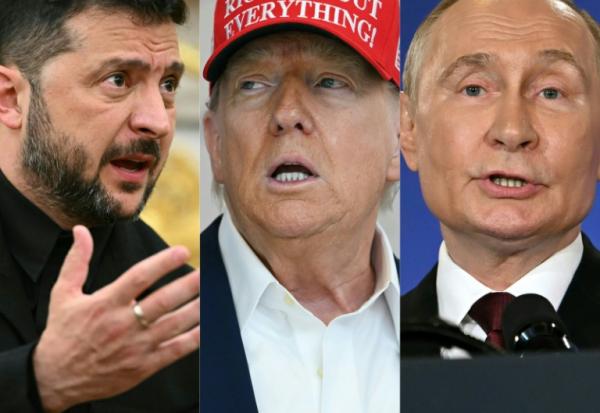 Ce combo montre de gauche à droite le président ukrainien Volodymyr Zelensky à Whasington le 18 août 2025, le président américain Donald Trump le 22 août 2025 à Washington et le président russe Vladimir Poutine à Anchorage, Alaska, le 15 août 2025