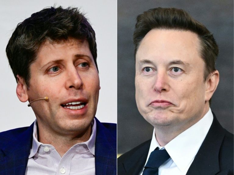 Le patron d'OpenAI Sam Altman (à gauche), le 7 février 2025 à Berlin, et celui de Tesla/SpaceX Elon Musk, le 20 janvier 2025 à Washington
