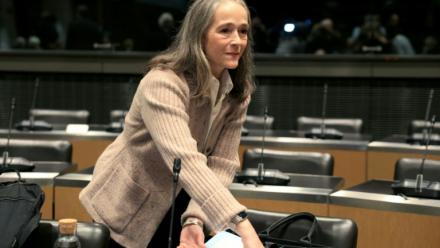 La présidente de France Télévisions, Delphine Ernotte Cunci, devant la commission d'enquête parlementaire sur l'audiovisuel public à l'Assemblée nationale à Paris le 10 décembre 2025