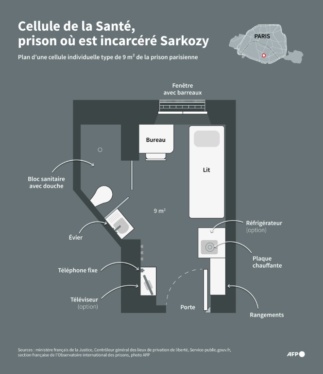 Plan d'une cellule de la Santé, prison où est incarcéré Nicolas Sarkozy