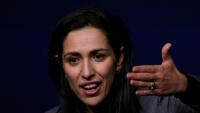 Sarah El Haïry lors d'une réunion de campagne de Foulques Chombart de Lauwe, candidat du parti de droite Les Républicains (LR) à la mairie de Nantes, le 14 janvier 2025 à Nantes
