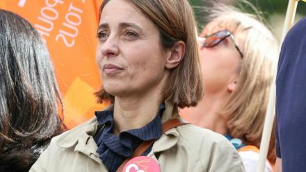 Sophie Binet, la secrétaire générale de la CGT, lors d'une mobilisation nationale lancée à l'appel de l'intersyndicale pour réclamer des mesures de "justice sociale", Paris, le 2 octobre 2025
