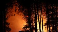 Un pompier observe un incendie de forêt qui fait rage près de Luglon, dans les Landes, le 13 août 2026