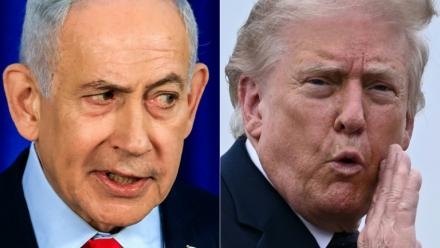 Cette image créée le 3 juin 2026 montre le Premier ministre israélien, Benjamin Netanyahu (G) à Jérusalem le 19 mars 2026 et le président américain Donald Trump dans le New Jersey le 22 mai 2026