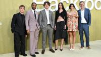 De g. à d: Finn Bennett, Chiwetel Ejiofor, Kane Parsons, Renate Reinsve, Lukita Maxwell et Mark Duplass lors d'une projection de "Backrooms", à Santa Monica (Californie), le 7 mai 2026