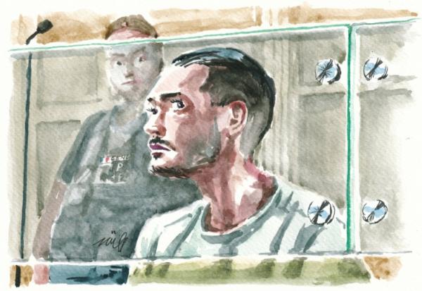 Croquis d'audience montrant Othman Garrido durant son procès devant la cour d'assises spéciale de Paris, le 14 septembre 2026