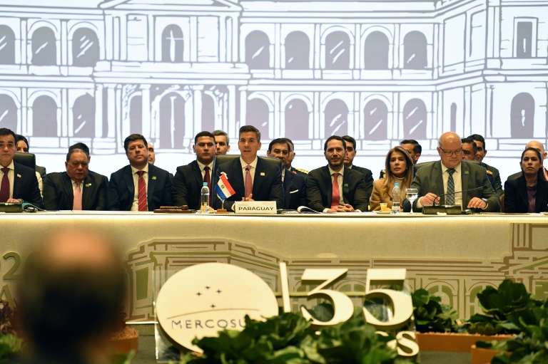 Le président paraguayen Santiago Peña (c), lors du 68e sommet des chefs d'État du Mercosur à Luque, le 30 juin 2026 au Paraguay