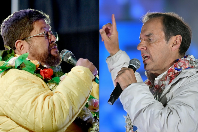 Photomontage du 14 août 2025 montrant les deux favoris du scrutin présidentiel en Bolivie,  l'homme d'affaires de centre droit Samuel Doria Medina (G) et l'ancien président de droite Jorge Quiroga