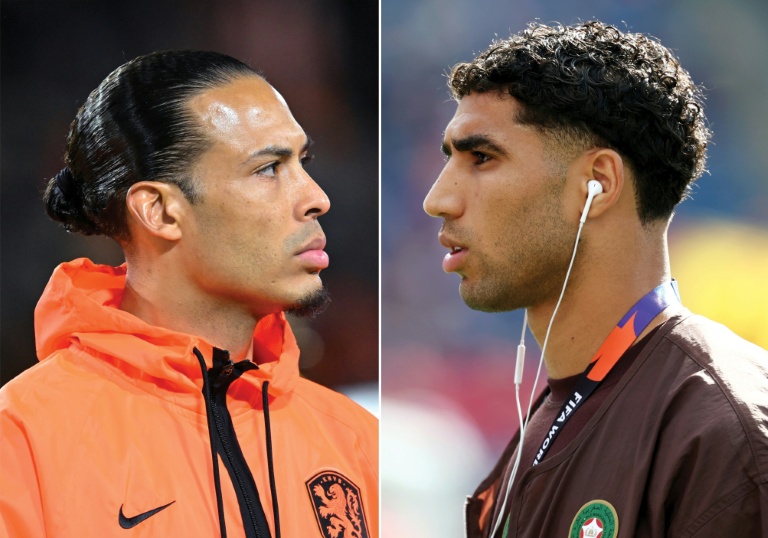 Photomontage du défenseur néerlandais Virgil van Dijk (gauche) et du capitaine du Maroc Achraf Hakimi qui s'affrontent le 29 juin 2026 à Monterrey (Mexique)
