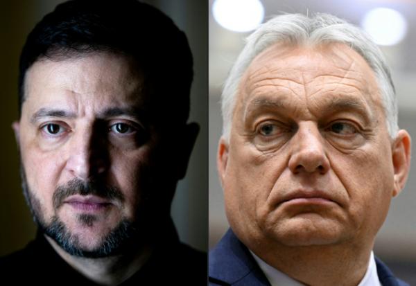 Combinaison de photos du président ukrainien Volodymyr Zelensky (G, 20 février 2026 à Kiev) et du Premier ministre hongrois Viktor Orban (D, le 26 juin 2025 à Bruxelles)