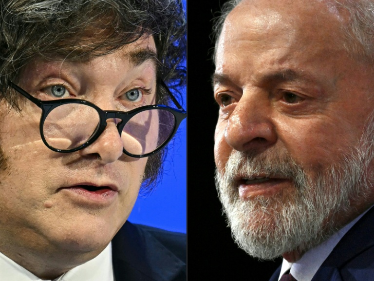 Ce montage de photos réalisé le 2 août 2026 montre le président argentin Javier Milei (g.) à Davos, le 21 janvier 2026, et le président brésilien Luiz Inácio Lula da Silva, à Brasilia, le 3 avril 2025