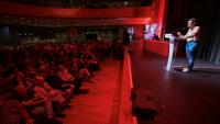 La candidate de Lutte ouvrière à la présidentielle, Nathalie Arthaud, lors de son premier meeting de campagne à Paris, le 26 septembre 2026