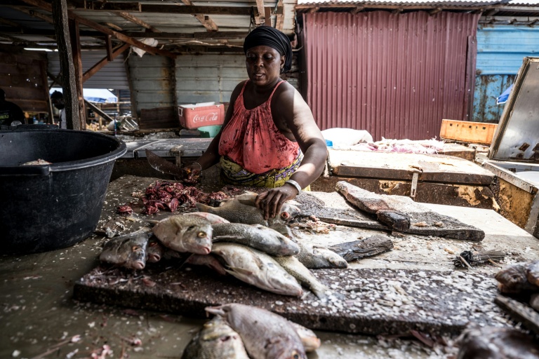 Sirah Darboe-Manneh, 31 ans, poissonnière et mère de six enfants, découpe du poisson sur un quai de débarquement à Tanji, en Gambie, le 12 septembre 2026, alors que les coupures d'électricité prolongées compliquent la conservation du poisson