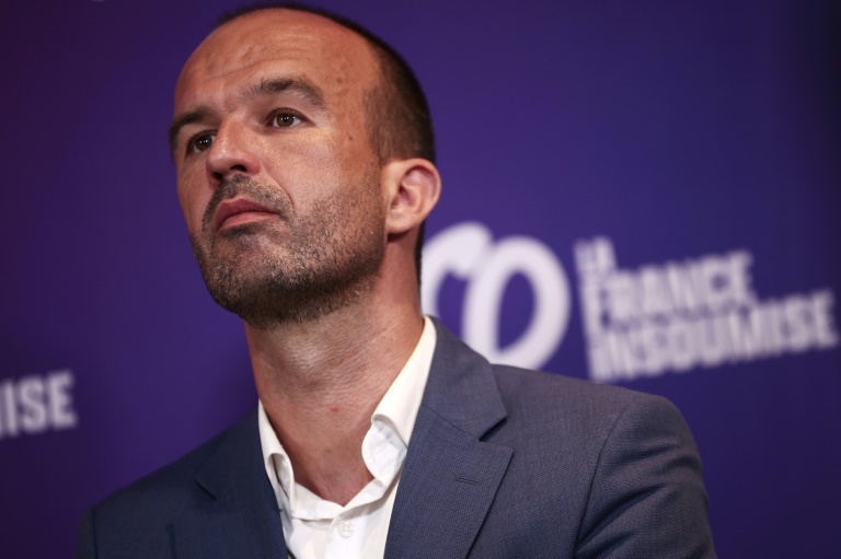 Le coordinateur de LFI Manuel Bompard lors d'une conférence de presse à Paris le 7 juillet 2025