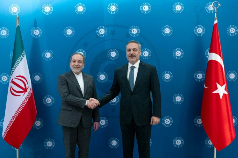 Photo diffusée par le ministère turc des Affaires étrangères, montrant les chefs de la diplomatie iranienne, Abbas Araqchi (g) et turque, Hakan Fidan (d), le 30 janvier 2026 à Istanbul 