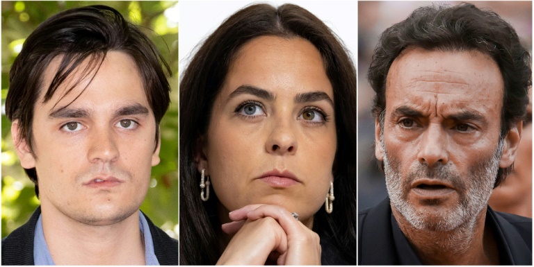 Combinaison d'images créée le 2 septembre 2025 avec, de gauche à droite, Alain-Fabien Delon le 28 août 2021 à Angoulême, Anouchka Delon à Paris le 19 juin 2023 et Anthony Delon à Cannes, le 18 mai 2022