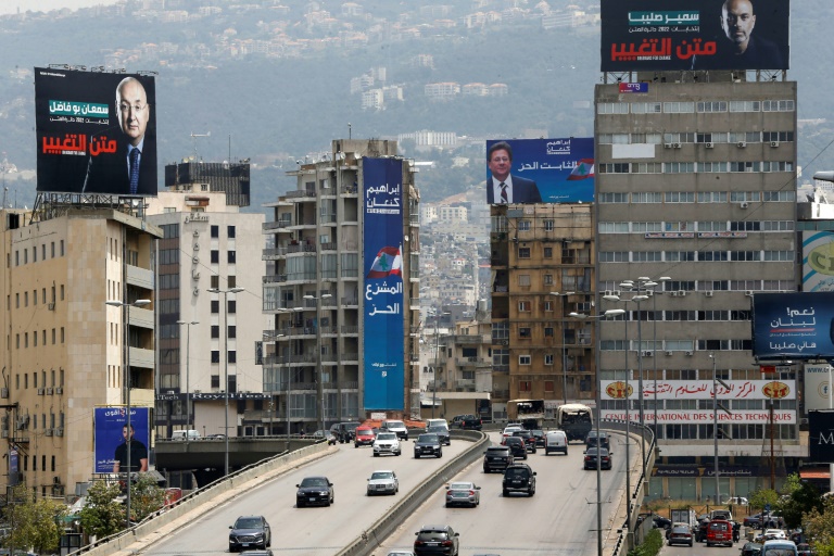 Election poster on the bridge across Beirut, May 14, 2022
