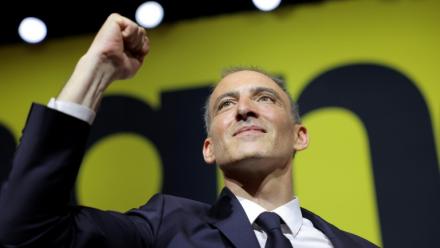 Raphaël Glucksmann, leader du parti Place Publique, lors d'un meeting à Aubervilliers, le 13 juin 2026 en Seine-Saint-Denis
