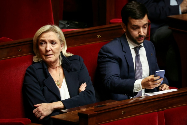 Marine Le Pen et Jean-Philippe Tanguy à l'Assemblée nationale le 15 octobre 2025, à Paris