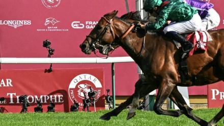 Le cheval pur-sang français Daryz, monté par Mickaël Barzalona a remporté le Prix de l'Arc de Triomphe 2025, défendant les couleurs de l'Aga Khan, à Paris le 5 octobre 2025.