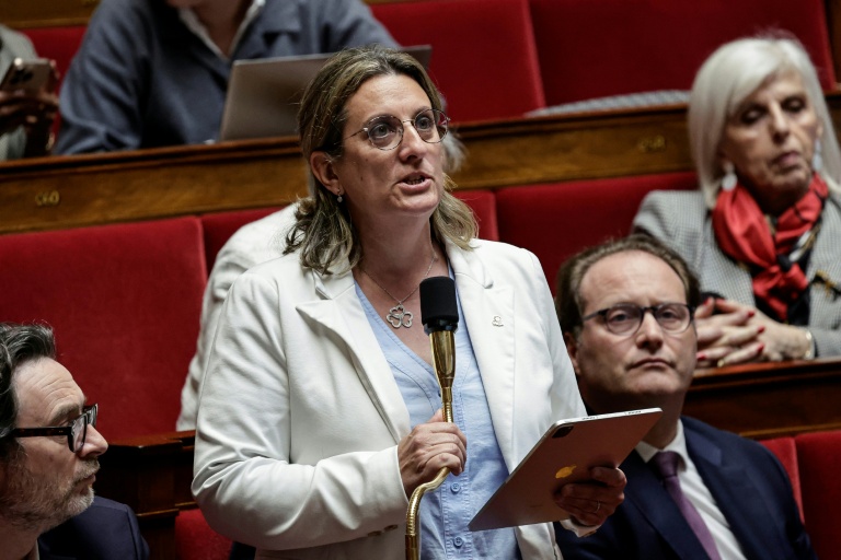 Perrine Goulet, députée des Démocrates, prend la parole lors d'une séance de questions au gouvernement à l'Assemblée nationale, à Paris, le 24 mars 2026