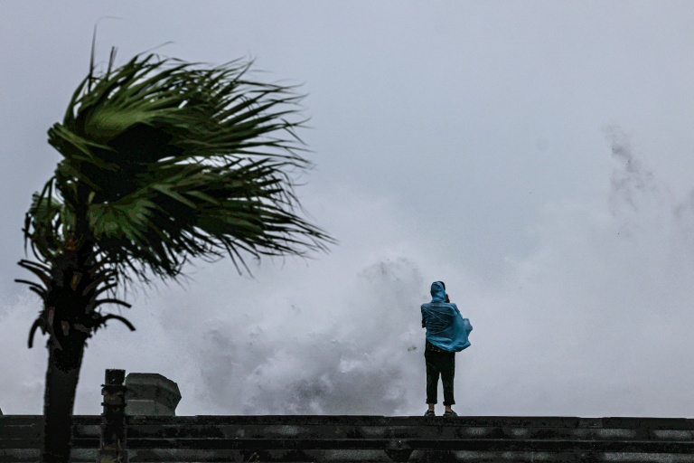 Une personne observe la côte taïwanaise touchée par le typhon Bavi à Keelung (nord-est), le 11 juillet 2026