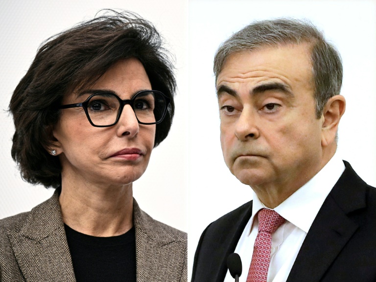 La ministre française de la Culture Rachida Dati (g) à Paris, le 18 mars 2025 et l'ancien patron franco-libano-brésilien de Renault-Nissan Carlos Ghosn à Beyrouth le 8 janvier 2020
