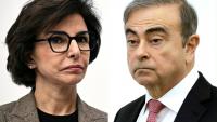 La ministre française de la Culture Rachida Dati (g) à Paris, le 18 mars 2025 et l'ancien patron franco-libano-brésilien de Renault-Nissan Carlos Ghosn à Beyrouth le 8 janvier 2020