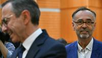 Le maire de Béziers, Robert Ménard (à droite) et Bruno Retailleau (à gauche), candidat des Républicains (LR) à l’élection présidentielle au tribunal de Montpellier le 30 septembre 2026
