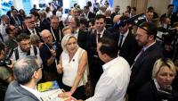 Marine Le Pen, présidente du groupe parlementaire Rassemblement National (RN), visite le salon VivaTech, au parc des expositions Paris Expo Porte de Versailles, le 19 juin 2026 à Paris