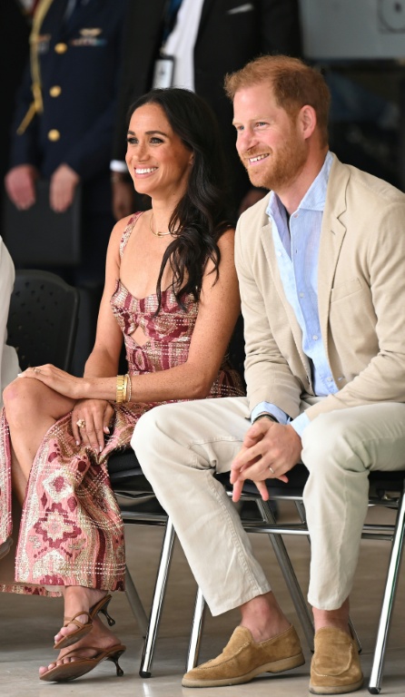 Le prince Harry duc de Sussex, et son épouse Meghan Markle lors d'une visite au Centre national des arts à Bogota, en Colombie, le 15 août 2024