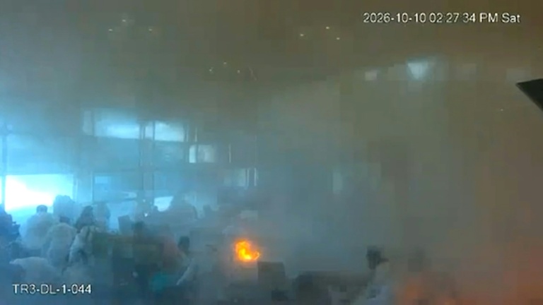 Capture d'écran tirée d'images de vidéosurveillance, diffusée par le ministère saoudien des Médias, le 11 octobre 2026, montrant l'aéroport international de Ryad touché par une frappe houthie, le 10 octobre 2026