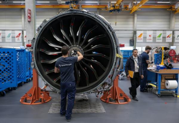 Maintenance d'un moteur Leap de CFM, coentreprise de Safran et GE à Bruxelles, le 29 octobre 2024